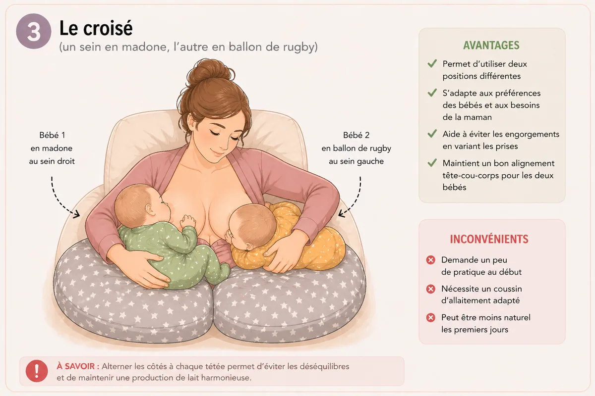 Schéma de la position d'allaitement croisée pour jumeaux : un bébé est en position madone au sein droit (corps devant la mère, ventre contre ventre), l'autre est en position ballon de rugby au sein gauche (corps allongé sous le bras gauche).