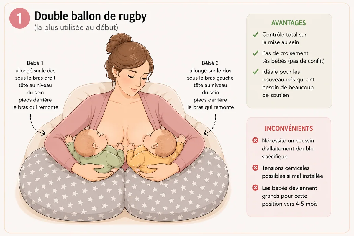 Schéma de la position d'allaitement double ballon de rugby pour jumeaux : la mère est assise, chaque bébé est calé sous un bras, allongé sur le dos avec la tête au niveau du sein et les pieds derrière le bras qui remonte. Les deux bébés sont posés sur un coussin d'allaitement double.