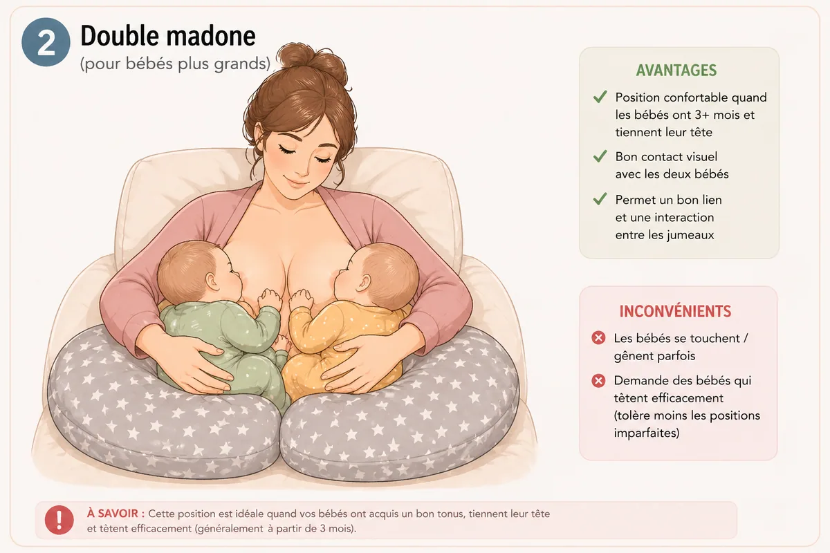 Schéma de la position d'allaitement double madone pour jumeaux : la mère est assise, les deux bébés sont devant elle, ventres contre son ventre, têtes au niveau des seins, leurs corps se croisant légèrement. Les deux bébés sont soutenus par un coussin d'allaitement double.