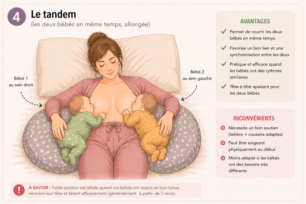 Schéma de la position d'allaitement tandem allongée pour jumeaux : la mère est allongée semi-redressée sur des coussins, un bébé est allongé de chaque côté de son corps, tête au niveau du sein, ventre contre la mère.