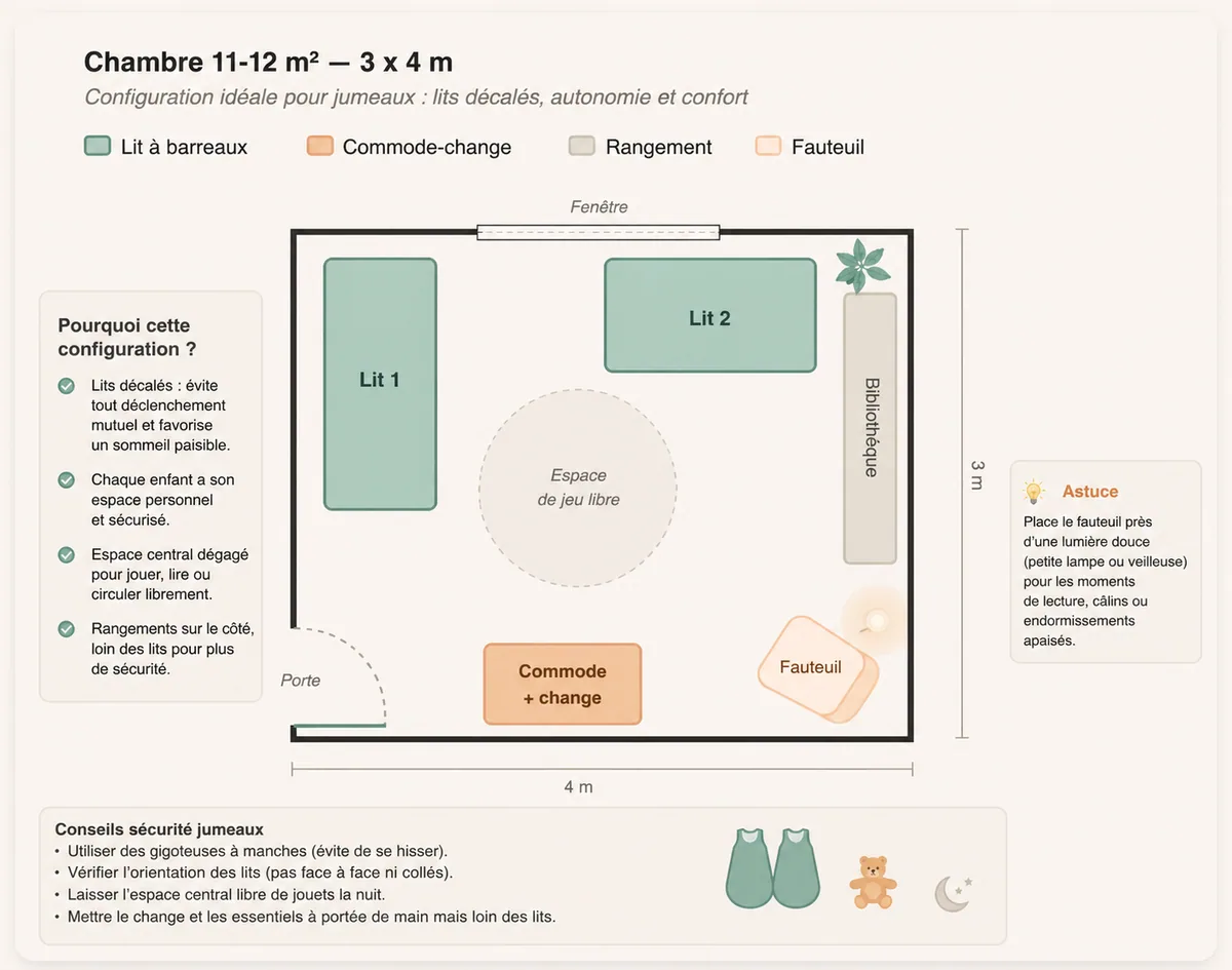 Plan d'aménagement d'une chambre jumeaux de 11 à 12 m² (3 × 4 m). Deux lits à barreaux décalés (non face à face) : un lit contre le mur sous la fenêtre, le second sur le mur latéral mais en quinconce. Commode-change, petit fauteuil et bibliothèque en bas, espace de jeu libre au centre.