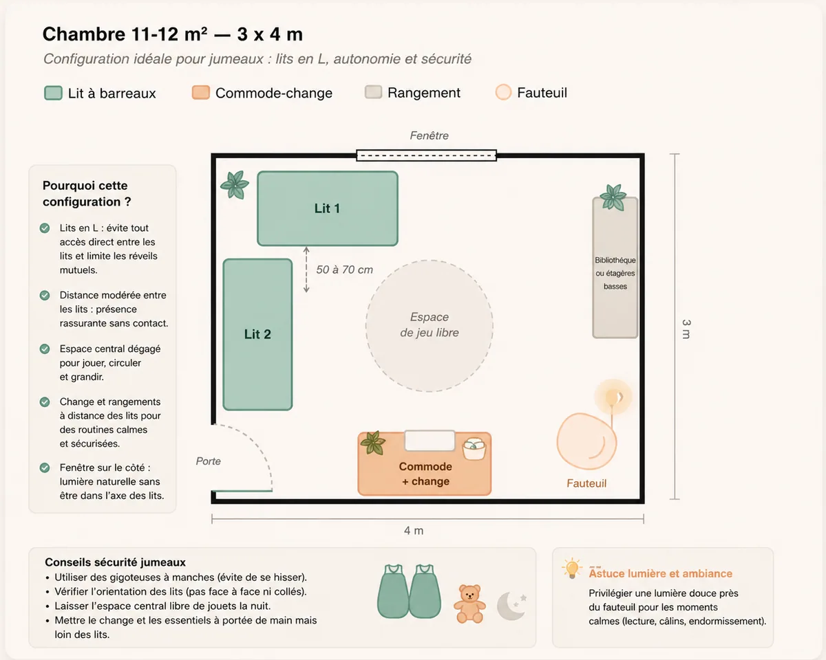 Plan d'aménagement d'une chambre jumeaux de 11 à 12 m² (3 × 4 m). Deux lits à barreaux face à face avec 50 à 70 cm d'espace entre les deux pour la circulation. Commode-change et fauteuil sur le mur restant, espace de jeu libre.