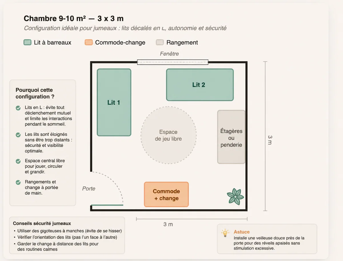 Plan d'aménagement d'une chambre jumeaux de 9 à 10 m² (3 × 3 m). Deux lits à barreaux disposés en L : un lit contre le mur sous la fenêtre, l'autre perpendiculaire contre le mur latéral. Commode-change avec étagères ou penderie sur le mur opposé. Espace de jeu libre au centre.